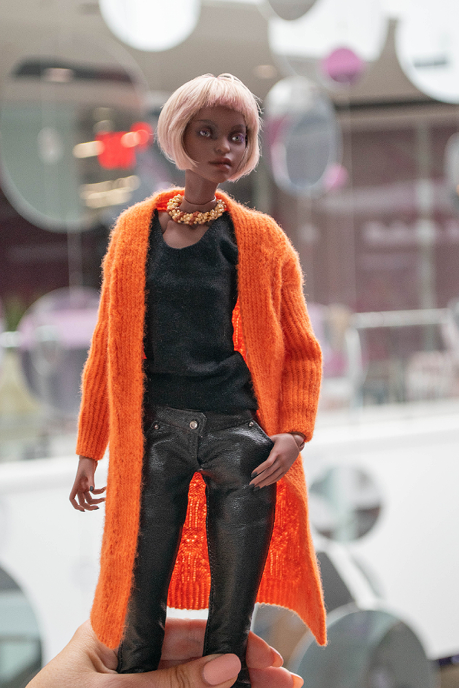 Orange-black outfit for Spirit Imprint Elf Girl, tank-top, faux leather pants,  handknitted cardigan