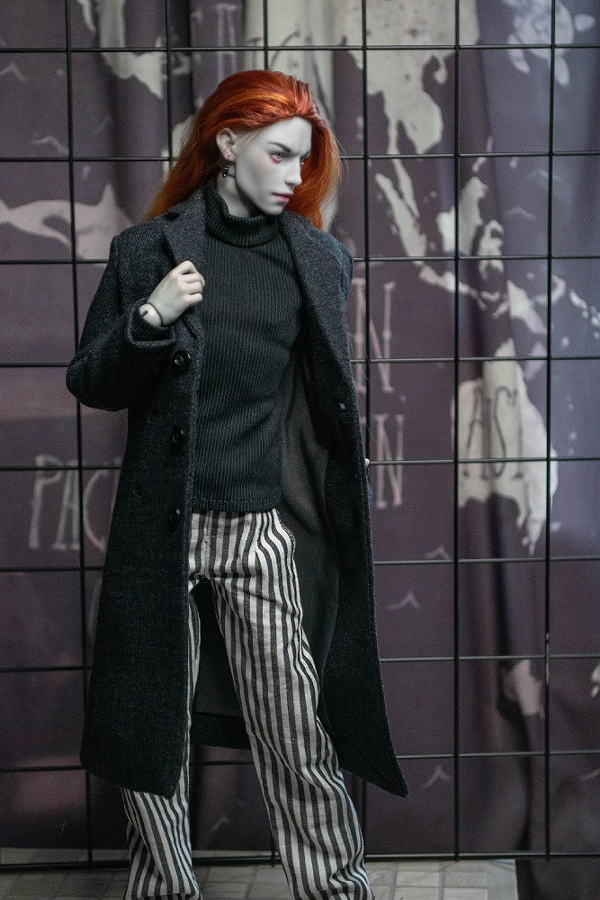 Black wool coat for doll, BJD